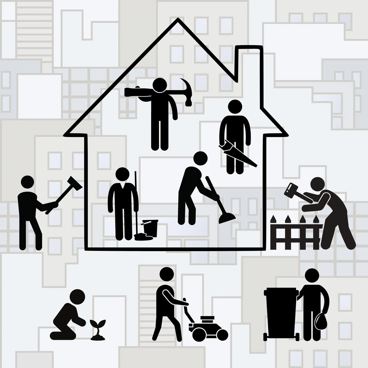 Illustration verschiedener Hausmeisterarbeiten rund um ein Haus